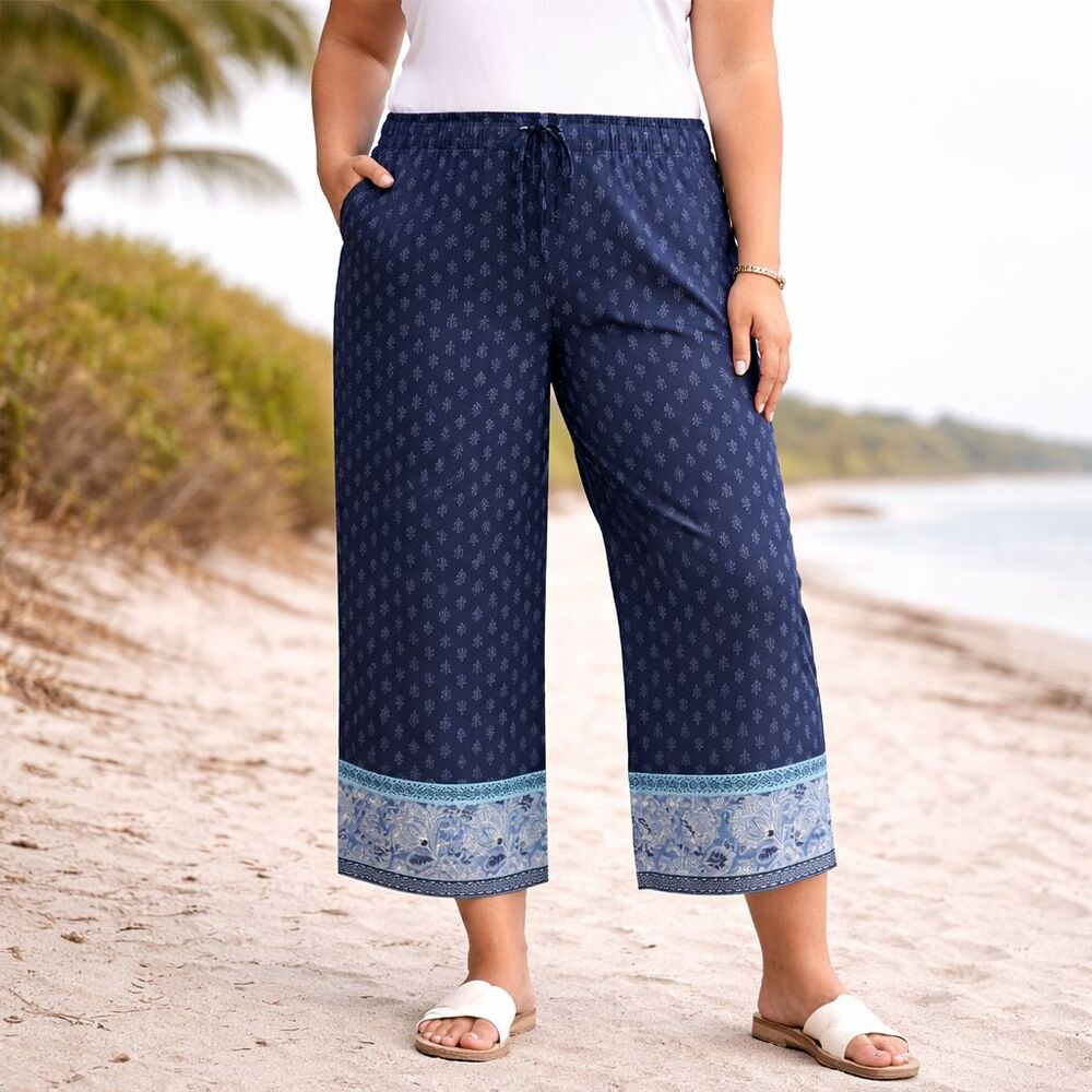 St Johns Bay Wide Leg Crop Pants Women's L Mid Rise Navy Finley Border Boho NWT